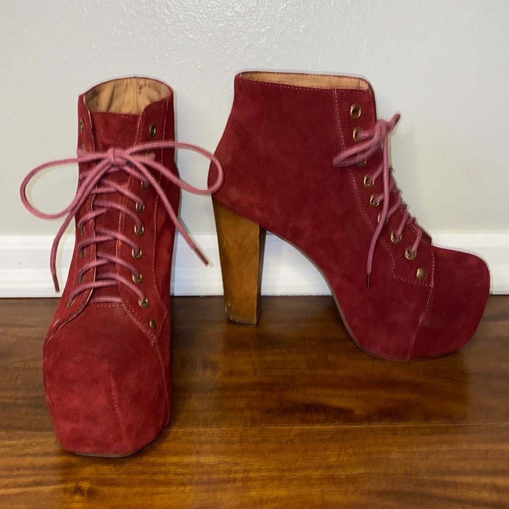 Jeffrey Campbell Lita Platform Boot Stylish Red Suede Gold Eyelets